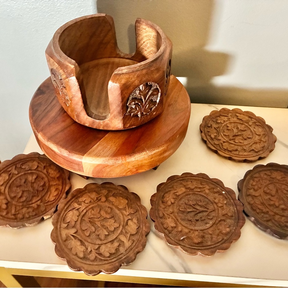 Vintage Hand-Carved Wooden Coaster Set with Holder Made in India Floral Design